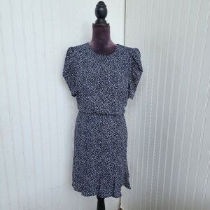 Express Womens Black Blue White Pebble Sheath Dress Ruffled Puff Sleeves Size L